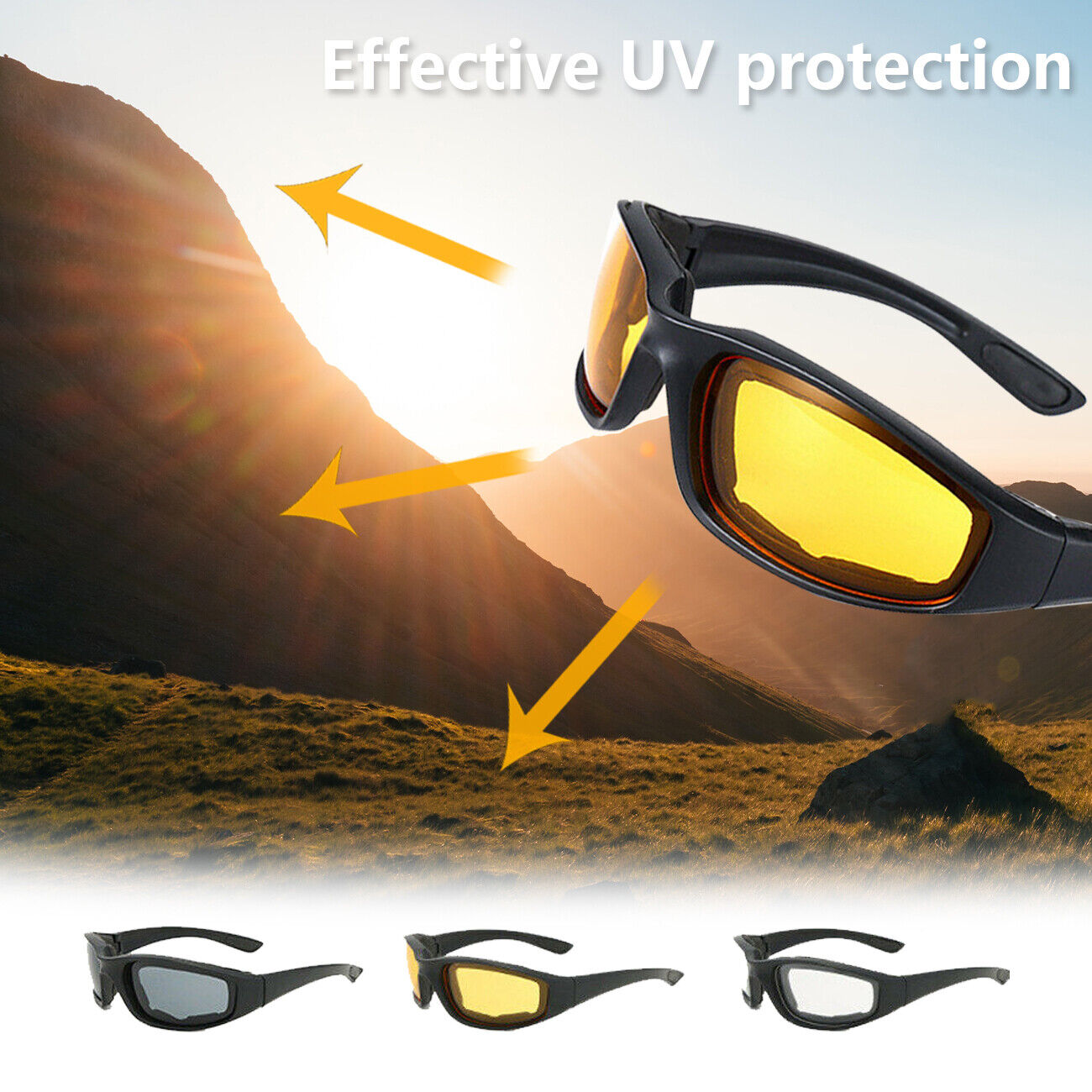 Cycling Sunglasses Chopper Outdoor Sports Glasses For Men Wrap Around UV400 Protection For Fishing Driving Glasses Wind Resistant Clear Yellow Gray Lens 3 Pack